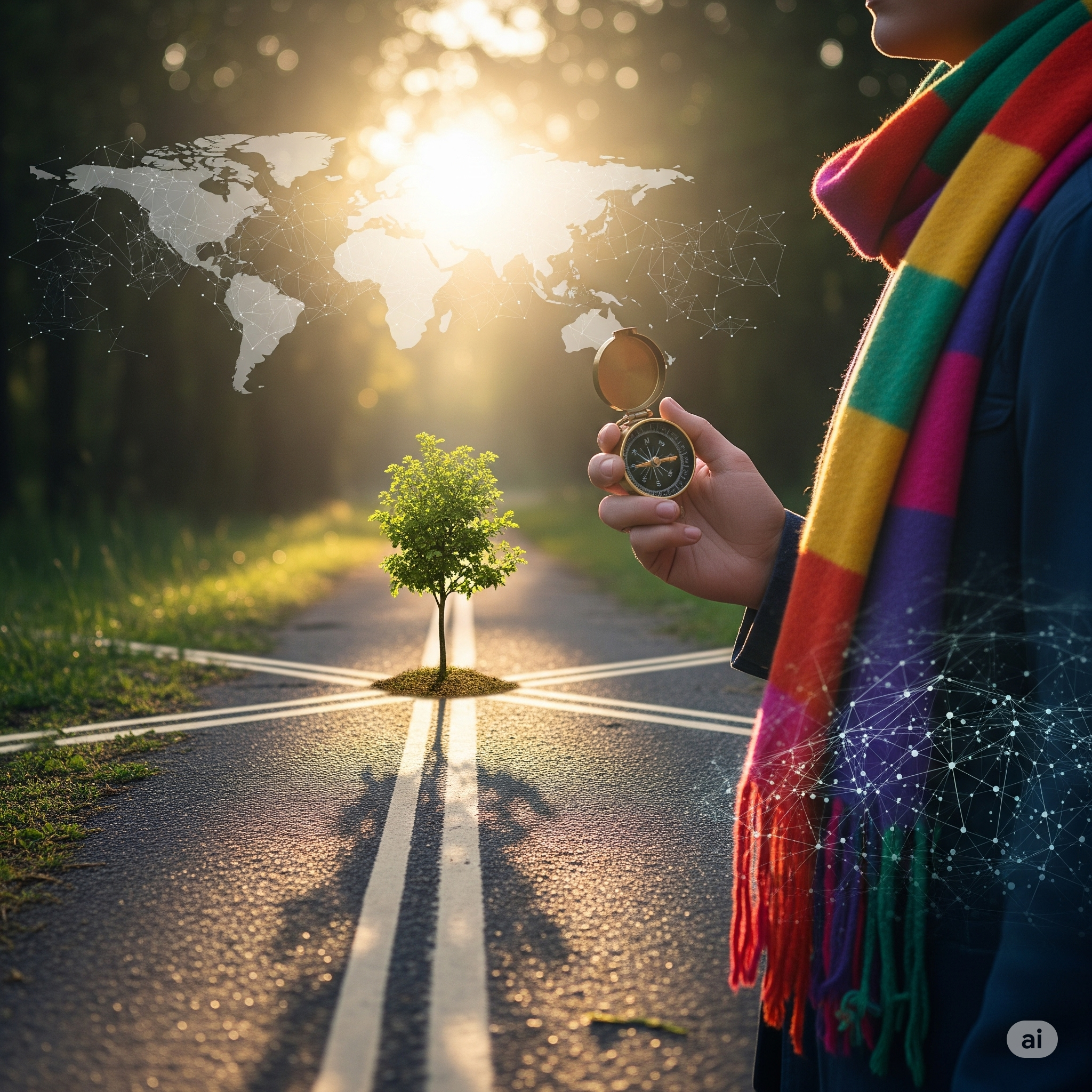 A person holding a compass next to a sapling growing out of the middle of a paved road, under a networked world map overlay at sunset.