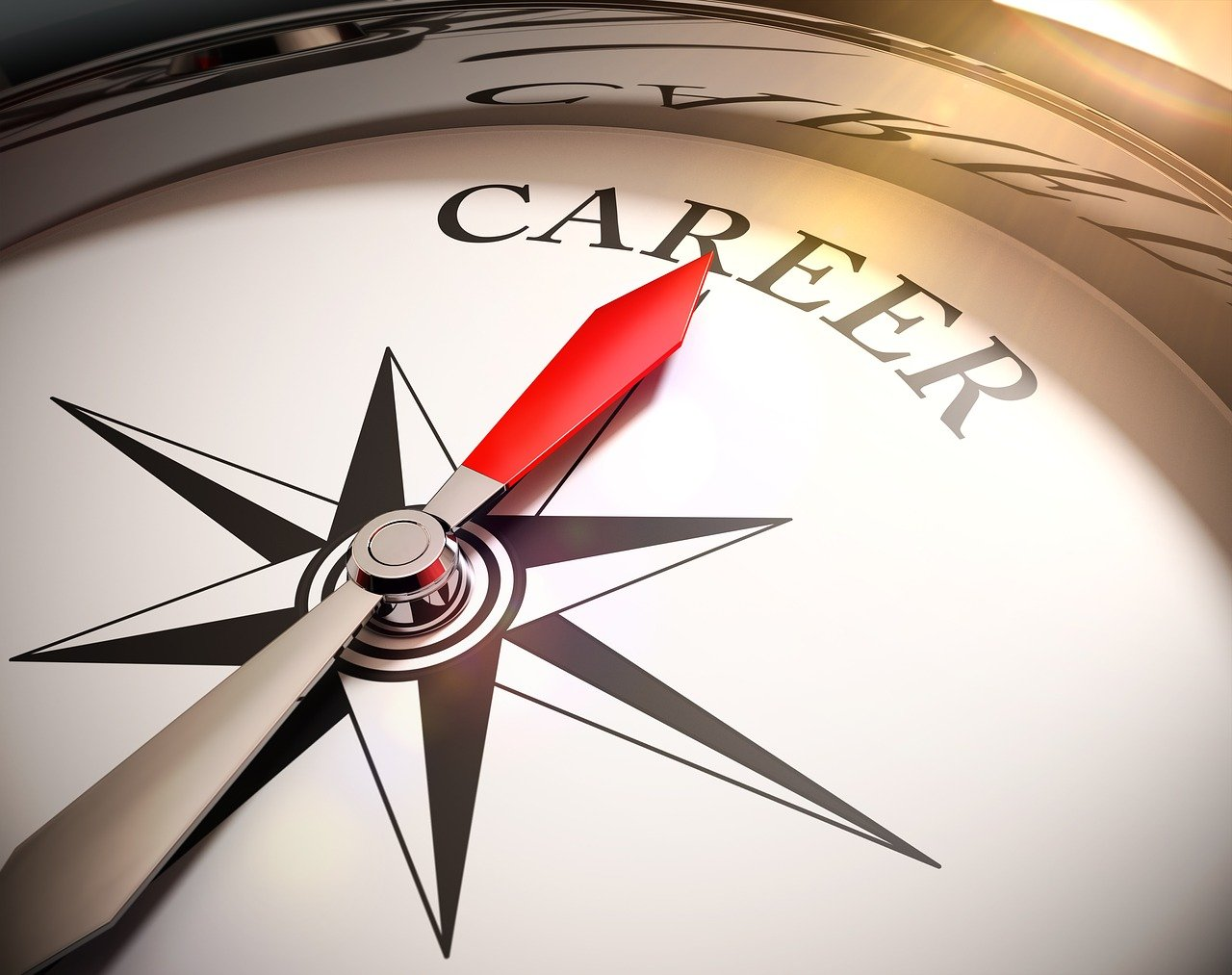 Close-up of a compass with the needle pointing directly to the word 'CAREER,' symbolizing