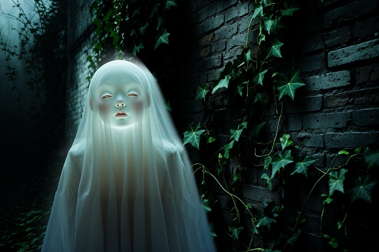 Surreal, illuminated figure resembling a ghost or doll covered in sheer white fabric, standing in a dark alley next to a brick wall covered in ivy.