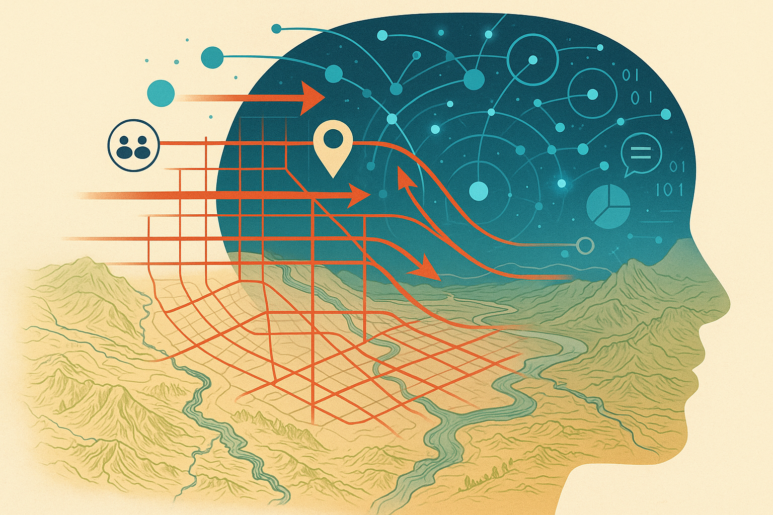 Illustration of a human head containing a brain map overlaid with abstract digital connections and a city map, symbolizing the integration of AI and spatial data analysis.