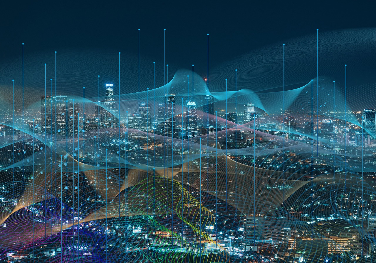 A stylized, futuristic city skyline at night with a digital overlay of lines and data, representing global connectivity and technology.