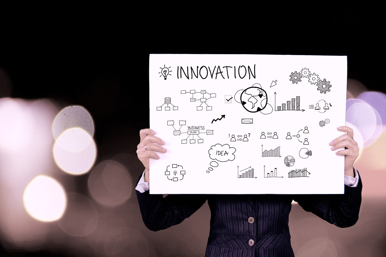 Business person holding a sign with 'INNOVATION' and hand-drawn business plan, charts, flowcharts, and a lightbulb.