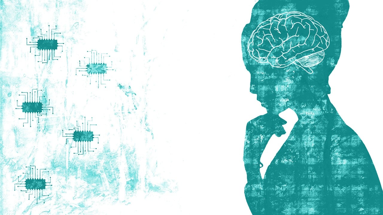 A teal silhouette of a person in a thinking pose with a line-drawing of a brain inside their head, facing five floating microchip icons on a textured white and aqua background.