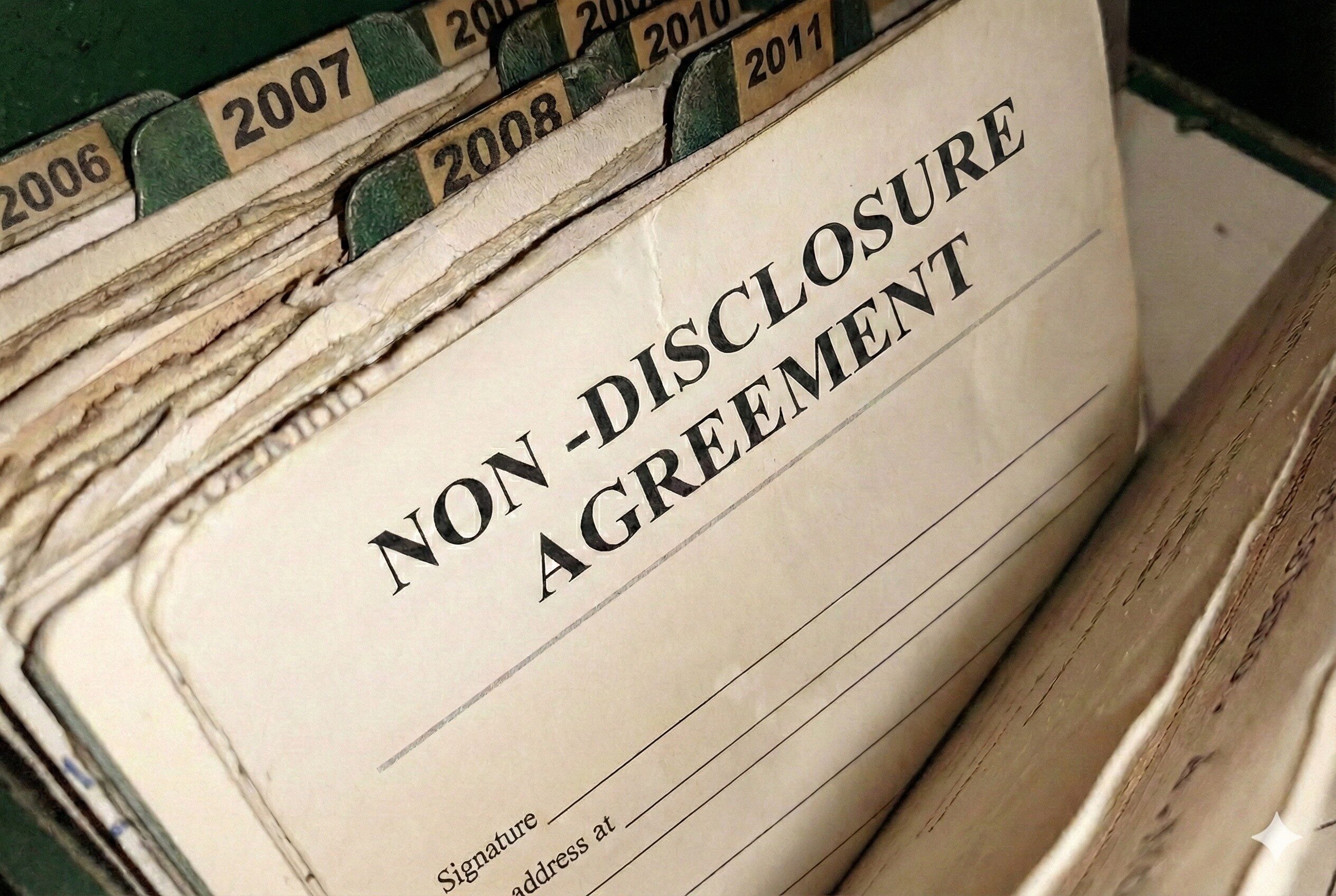 Vintage file folders with a Non-Disclosure Agreement label, representing hidden GIS portfolios and confidential strategic work.