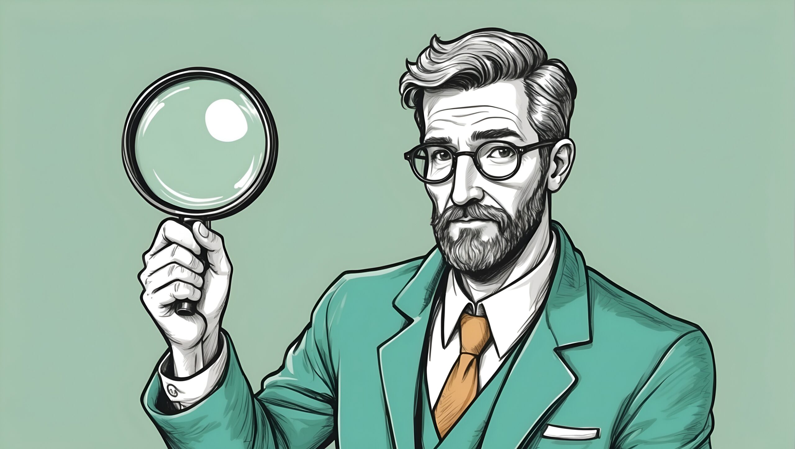 Senior GIS professional with a beard and glasses in a teal suit holding a magnifying glass, symbolizing the strategic lens and system-level perspective