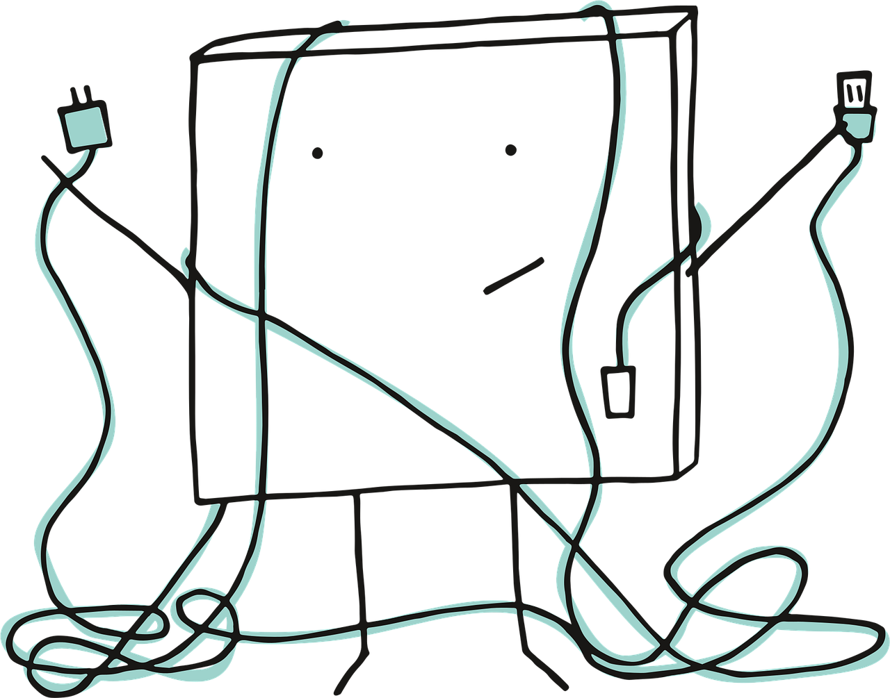 A digital illustration of a cartoon figure entangled in cables and connectors — representing a GIS single point of failure when one person holds the entire system together.