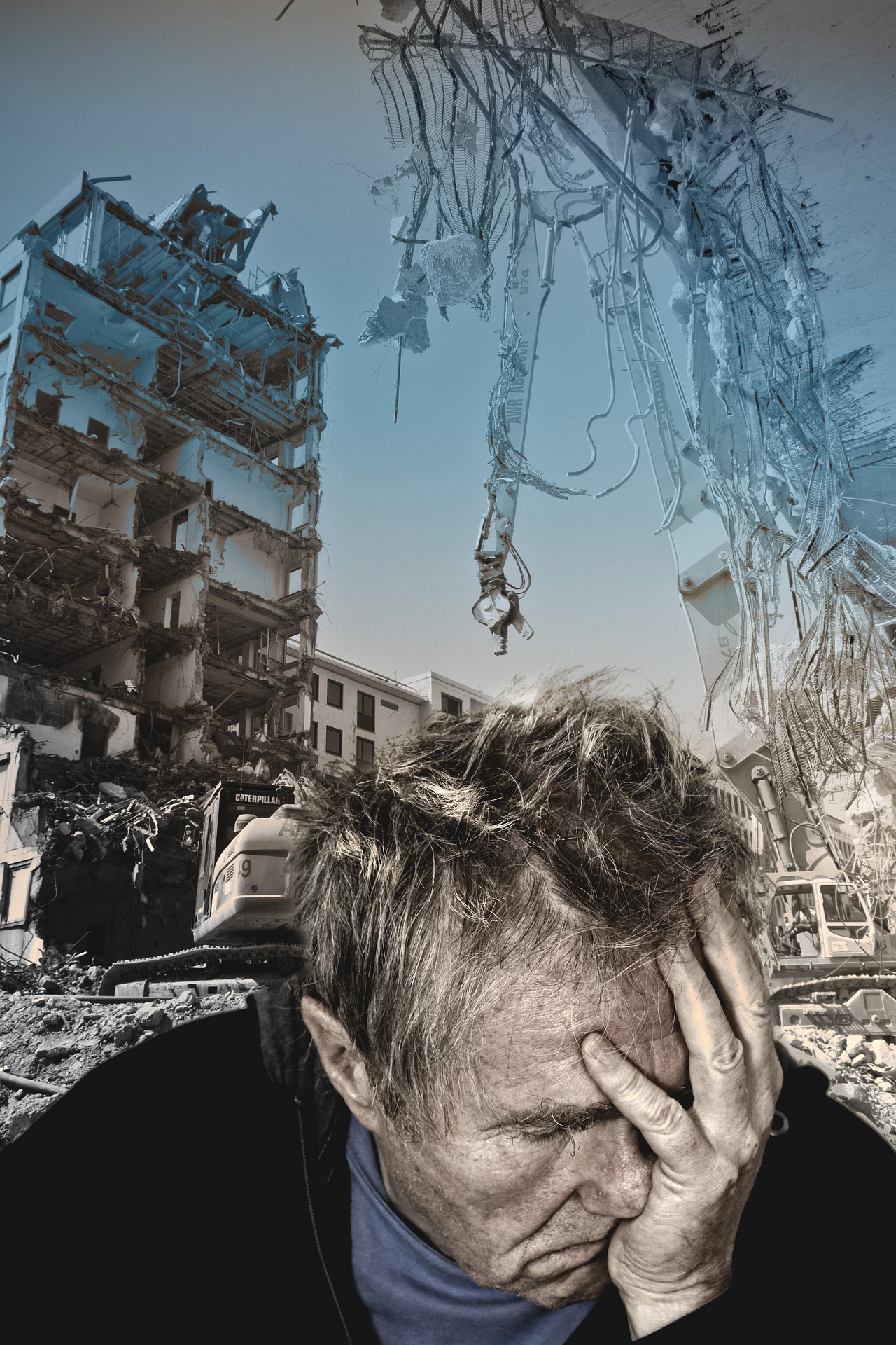 Earthquake by Jills from Pixabay. Alt text: A composite image of a man with his hand on his forehead, eyes cast downward, against a background of a partially collapsed concrete building with exposed steel reinforcement — representing GIS professional identity tested by disaster.